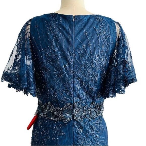 Mac Duggal 67493 Navy Blue Lace Beaded Sheer Flutter Sleeve Gown| Size 10 - Picture 10 of 14